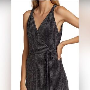 PRICE FIRM Paige Black Silver Pinstripe Metallic V-Neck Wrap Midi Dress S NWT